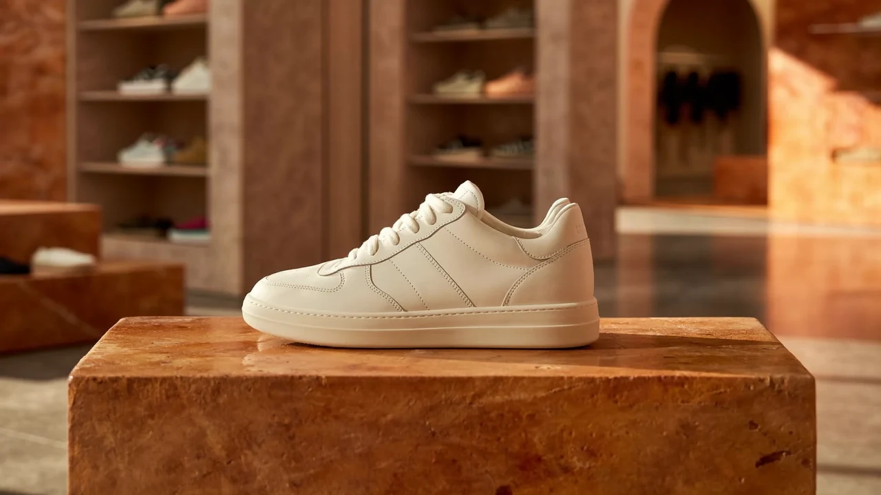 Et par råhvide læder-sneakers på en rå lersokkel i blødt lys
